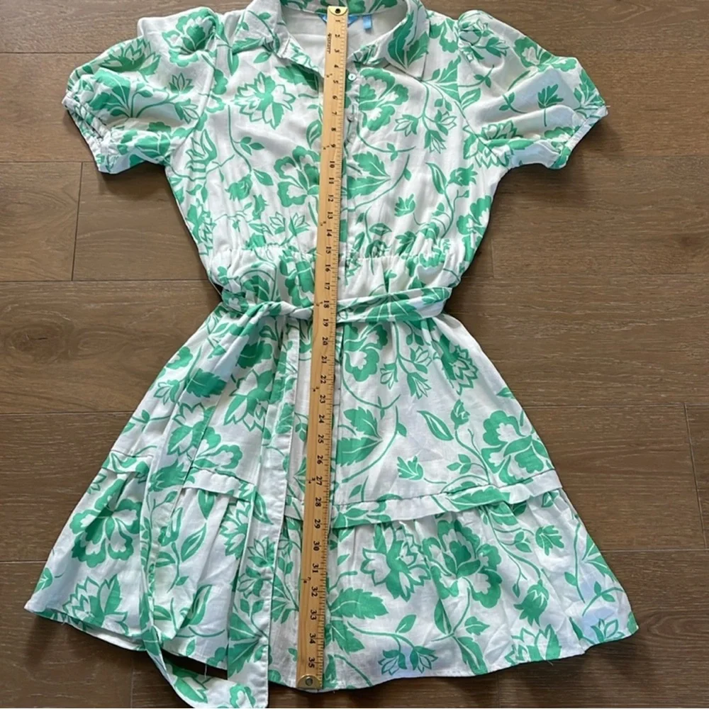 Draper James Puff Sleeve Green Floral Dress Size Medium Linen Blend Button Up - Picture 8 of 10